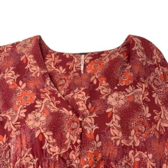 Free People Orange Floral Mini Tunic Dress Long Sleeve Deep VNeck - Picture 5 of 9